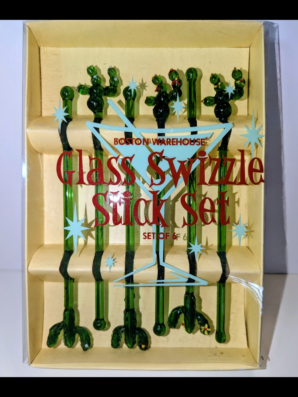 Boston Warehouse Glass Cactus Swizzle Stick Set (6) NEW